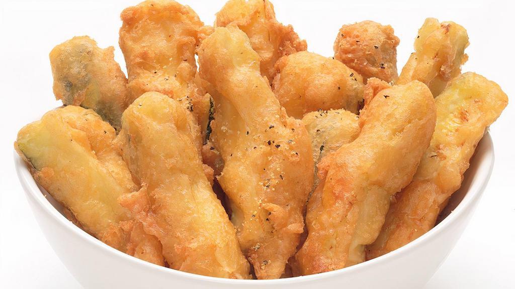Lemon Pepper Zucchini Sticks · Fresh zucchini tossed in a lemon pepper seasoning, beer battered with our California Gold and fried to a golden brown. Served with our Ranch.
