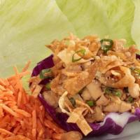 Lettuce Wraps · Marinated diced chicken breast, Julienne carrots, green onion, cashews and wonton strips. Se...