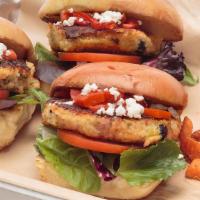 Quinoa Sliders · Vegetarian quinoa and black bean sliders, topped with Feta cheese, roasted red peppers, and ...