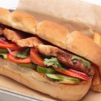 Oggi’S Chicken Banh Mi Sandwich · Sesame soy marinated chicken breast topped with Sriracha aioli, pickled onions, carrot, radi...