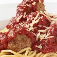 Spaghetti And Meatballs · Spaghetti topped with our homemade Marinara sauce and signature
meatballs. Topped with Parme...