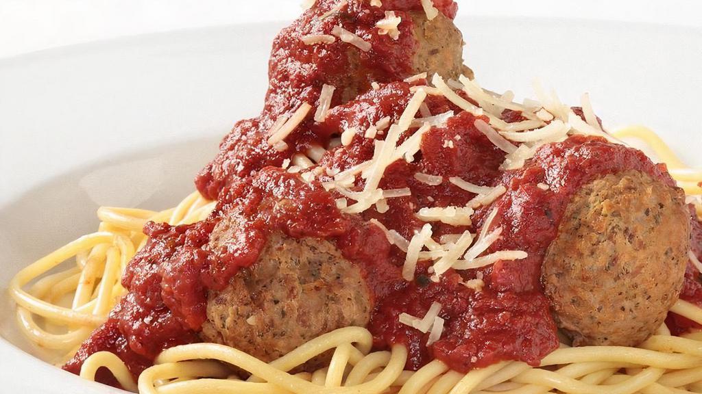 Spaghetti And Meatballs · Spaghetti topped with our homemade Marinara sauce and signature
meatballs. Topped with Parmesan.  Comes with an Oggi's garlic knot.