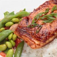 Miso Glazed Salmon · Miso Glazed 8oz salmon fillet, baked to perfection and served over sticky rice with a warm s...