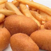Corn Dog Nuggets · Corn Dog Nuggets. Served with your choice of seasoned French fries or steamed mixed vegetabl...