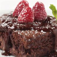 Oggi'S Fabulous Brownie · Decadent triple chocolate brownie, topped with chocolate ganache and fresh raspberries.