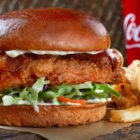 The Fried Slammer Combo · Chicken breast, crispy golden brown, topped with bacon, mayo, fresh cabbage mix and pickles ...