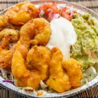 Shrimp Bowl · Served with beans rice cabbage or lettuce pico de gallo guacamole and cream.