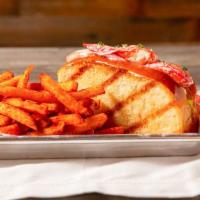 Lobster Roll With Fries · Frankfurter bun, lobster meat, delicious house sauce and fries.