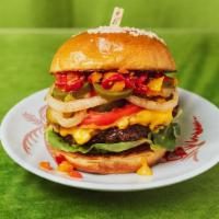 Spicy Pepper Burger · Juicy cheeseburger with chopped cherry peppers, tomato, lettuce, onions and sriracha sauce.