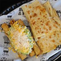 * 3 - Cheese Quesadilla & 3 Rolled Tacos · Cheese quesadilla and 3 rolled tacos with guacamole and cheese. Includes drink.