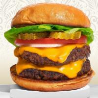 Double Lover Burger · Two American beef patties topped with melted cheese, lettuce, tomato, onion, and pickles. Se...