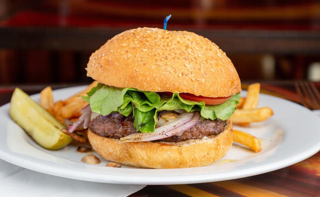 Mushroom & Onion Cheeseburger · 1/2 lb Niman Ranch beef, Sautéed mushrooms, sautéed red onions, lettuce, tomato and Jack cheese. mayo, lettuce, tomato, onions and pickles on side. Choice of fries or spring mix salad.