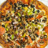 Deluxe · Pizza sauce, pepperoni, mushroom, onion, bell pepper, sausage and olives & mozzarella.