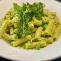Green Pea & Pesto Rigatoni · Rigatoni + Green Peas + Basil + Parmesan + Pine Nuts