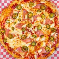 Spicy Hawaiian · Canadian bacon, pineapple, jalapeños, and cheese.