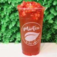 Strawberry Passion Iced Tea · Strawberry passion fruit green tea with strawberry jelly & strawberry bits.