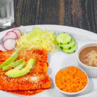 Enchiladas Plate · Red salsa enchiladas are served with cheese, lettuce, sour cream, Avocado, 2 sides of your c...