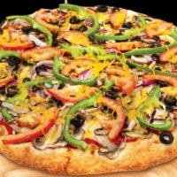 Veggie (Medium) · Red tomato sauce, mozzarella cheese, mushrooms, red onions, bell pepper, sliced olives, fres...