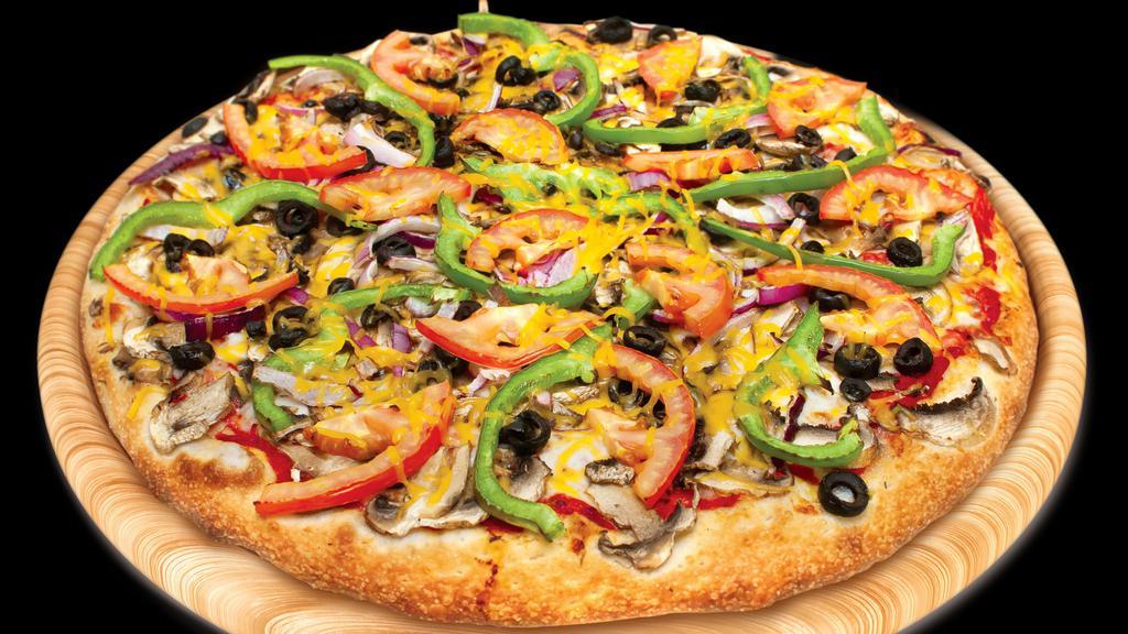 Veggie (Medium) · Red tomato sauce, mozzarella cheese, mushrooms, red onions, bell pepper, sliced olives, fresh chopped tomatoes.