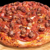 Meat Lovers (Large) · Red tomato sauce, mozzarella cheese, salami, Canadian bacon, pepperoni, linguica, Italian sa...