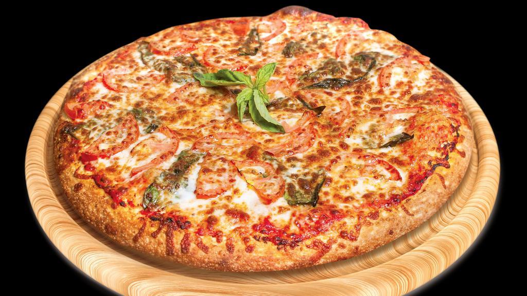 Margherita (Medium) · Red tomato sauce, mozzarella cheese, tomatoes, fresh basil, extra cheese.