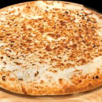 Three Cheese (Large) · White garlic sauce, mozzarella cheese, feta cheese, Parmesan cheese, extra mozzarella cheese.
