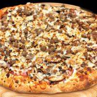 Euro (Large) · Red tomato sauce, mozzarella cheese, ham, ground beef, mushrooms, feta cheese, extra cheese.