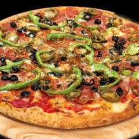 Dragon (Large) · Red tomato sauce, mozzarella cheese, salami, pepperoni, sliced olives, jalapeños, bell pepper.