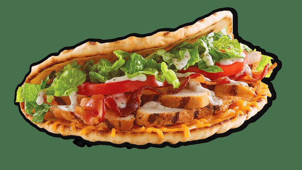 Chicken Bacon Ranch · grilled chicken, bacon, tomatoes, romaine, cheddar & lite ranch