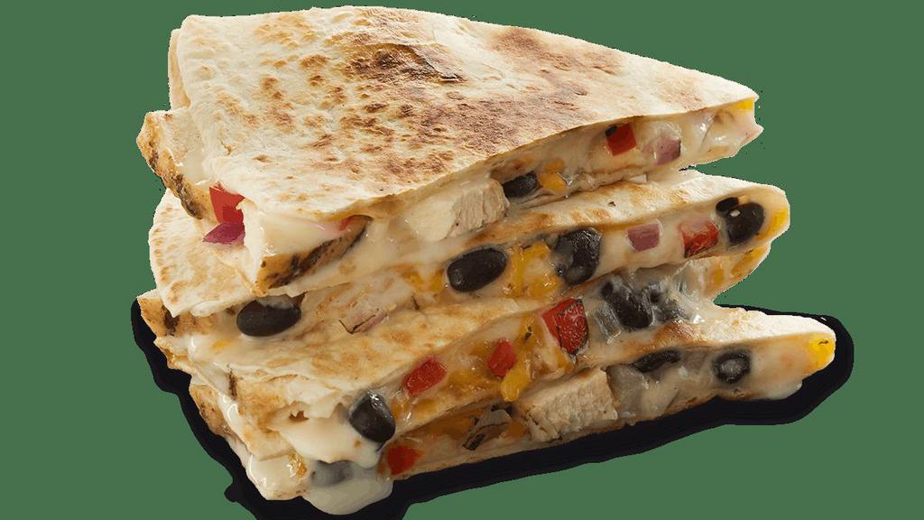 Santa Fe Chicken · grilled chicken, black beans, roasted red pepper & onion, queso blanco, cheddar, a smoked cheese blend & roasted tomato salsa