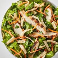 Thai Chicken · grilled chicken, carrots, sesame seeds, cilantro, scallions & wontons on a bed of romaine & ...