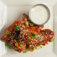 Hot Wings · Buffalo hot sauce, Korean sweet and spicy.  Served with ranch or gorgonzola blue cheese dres...