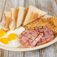 Ham & Eggs · 3 eggs, ham, hash browns and toast.