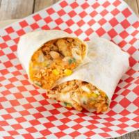Chicken Burrito · Chicken, rice and beans, Cheese, onions and cilantro.