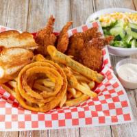 Fried Shrimp Dinner · 4 pcs. shrimp served with fries, 3 onion rings, 3 zucchinis, 1 dinner roll, and a side salad.