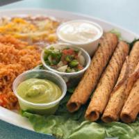 Taquitos · Served with rice and beans