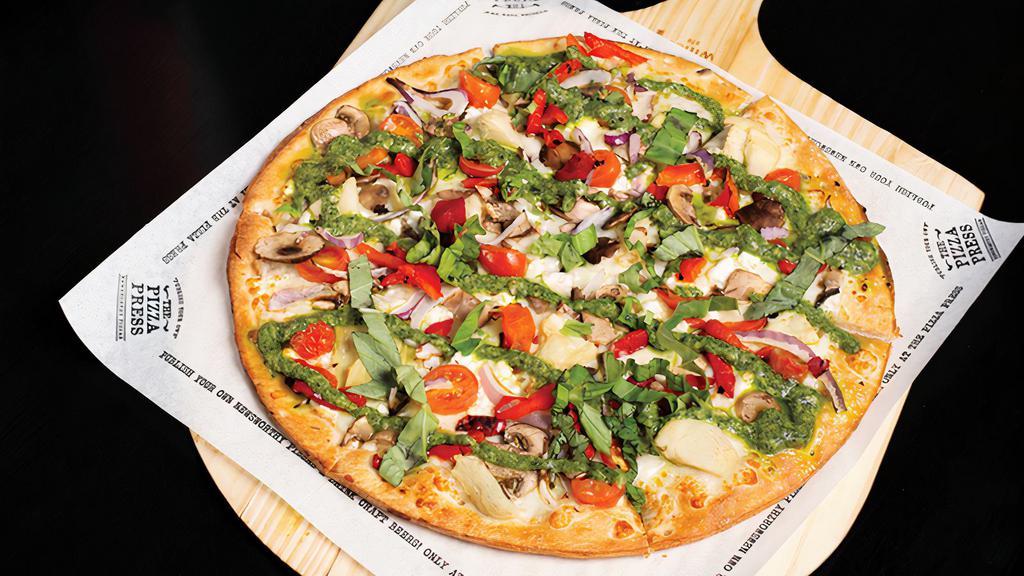 The Chronicle.^ · Extra virgin olive oil, mozzarella, imported artichoke hearts, grape tomato, red onion, crimini mushroom, chevre, and roasted red bell peppers, finished with fresh basil and basil pesto.