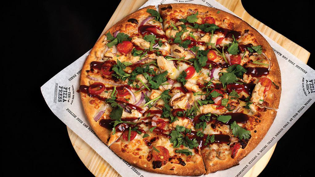 The Times.^ · Extra virgin olive oil, mozzarella, chicken, grape tomato, red onion, and smoked gouda, finished with fresh cilantro and Sweet Baby Ray's BBQ Sauce.