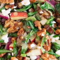 Arugula Salad · Arugula leaves, glazed pecans, apple, tomato, red onions, feta cheese, balsamic dressing.