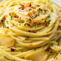 Spaghetti Aglio E Olio · Aglio e olio with sauteed garlic, pepperoncini peppers, red pepper flakes, and parmesan chee...