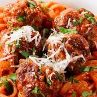 Spaghetti Meatballs · Meat sauce, spaghetti, meatballs, onions, mushrooms, and Parmesan cheese.