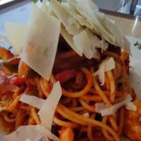 Linguine Jambalaya · Shrimp, Italian sausage, bell peppers, and tomato sauce.
