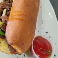 Philly Steak · French roll, mayonnaise, steak, onion, bell pepper, and mozzarella cheese.