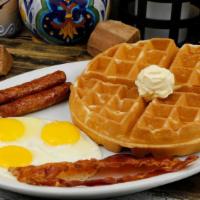 Waffles & Eggs & Meat · 1 Belgium Waffle, 2 ssausage, 2 bacon and 2  eggs.