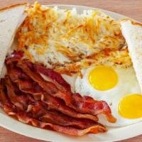 Bacon & Eggs Breakfast · Four slices of bacon hashbrown two eggs two slices of toast and jelly.