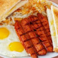 Polish Sausage & Eggs Breakfast · 1 Polish Sausage, hashbrown, eggs and toast with jelly on the side