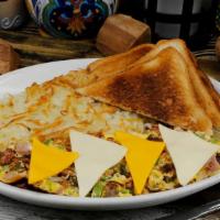 Fabulous Omelette · Sausage, ham, bacon, bell pepper, onions, tomatoes covered with melted Swiss and American ch...