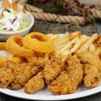 Chicken Strip Dinner · 4pcs Chicken Strips, fries, 3 onion rings, 1  dinner roll and a small green salad with your ...