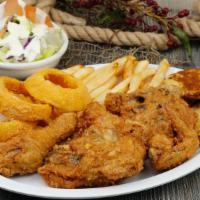 Fried Chicken Dinner · 4pcs fried chicken dinner plate, french fries, 3 onion rings, 1 dinner roll and a small gree...