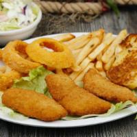 Fish Dinner · 3pcs of fish, fries, 3 onion rings, 1 dinner roll with a small green salad with your choice ...